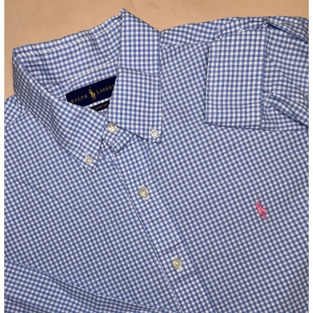 Polo Ralph Lauren Light Blue White Gingham Check Button Down Mens Large